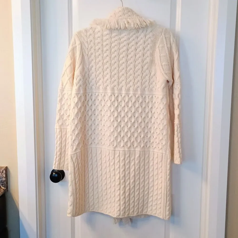 Cocogio Women’s Small Ivory Cream Cable Knit Fringe Open Cardigan Sweater